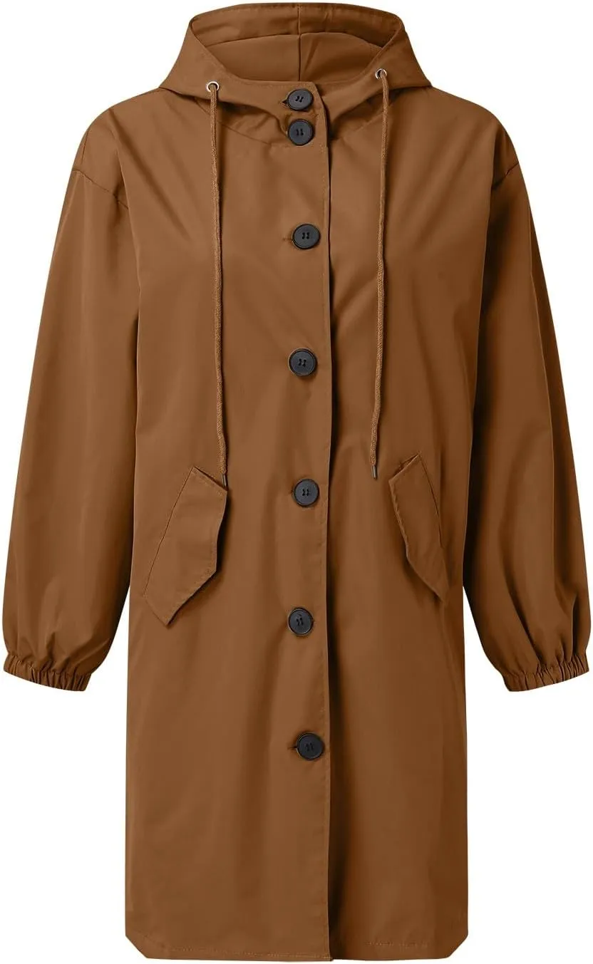 Womens Elegant Single Breasted Trench Coat Long Sleeve Pocket Hooded Outwear Comfy Lightweight Soft Windbreaker Suits