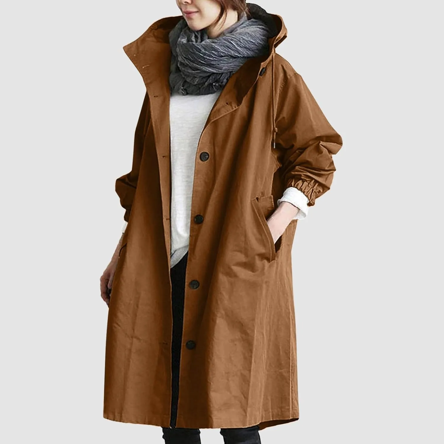 Womens Elegant Single Breasted Trench Coat Long Sleeve Pocket Hooded Outwear Comfy Lightweight Soft Windbreaker Suits