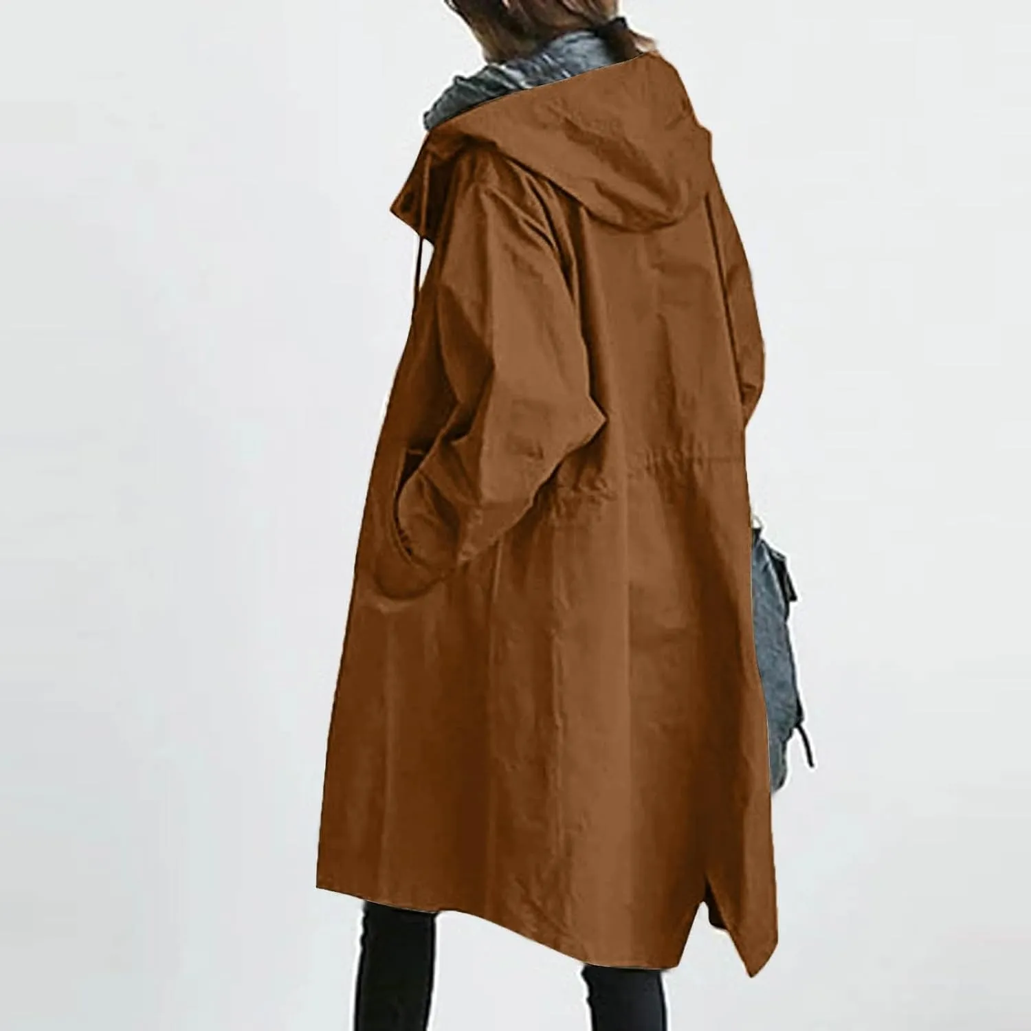 Womens Elegant Single Breasted Trench Coat Long Sleeve Pocket Hooded Outwear Comfy Lightweight Soft Windbreaker Suits