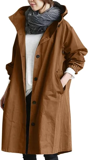 Womens Elegant Single Breasted Trench Coat Long Sleeve Pocket Hooded Outwear Comfy Lightweight Soft Windbreaker Suits