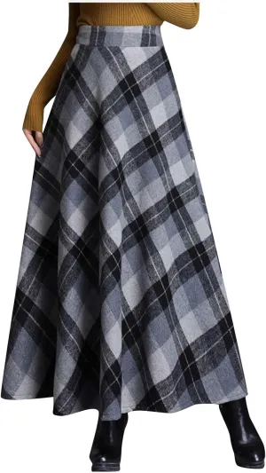 Womens Fall Winter High Waist A-Line Pleated Wool Midi Length Skirt A-Line Plaid Vintage Dressy Elegant Maxi Skirts