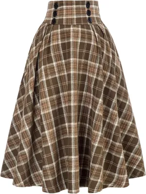 Womens Fashion Casual Plaid Skirt Vintage A Line Skirts Vintage Athletic Skirt Plaid High Waist Plus Size Midi Pleated Skirt