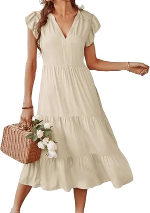 Women's Flowy Midi Dress Summer Loose Casual Long Skirt Solid Color V-Neck Lotus Sleeve Date Night Outfit Comfy Dress