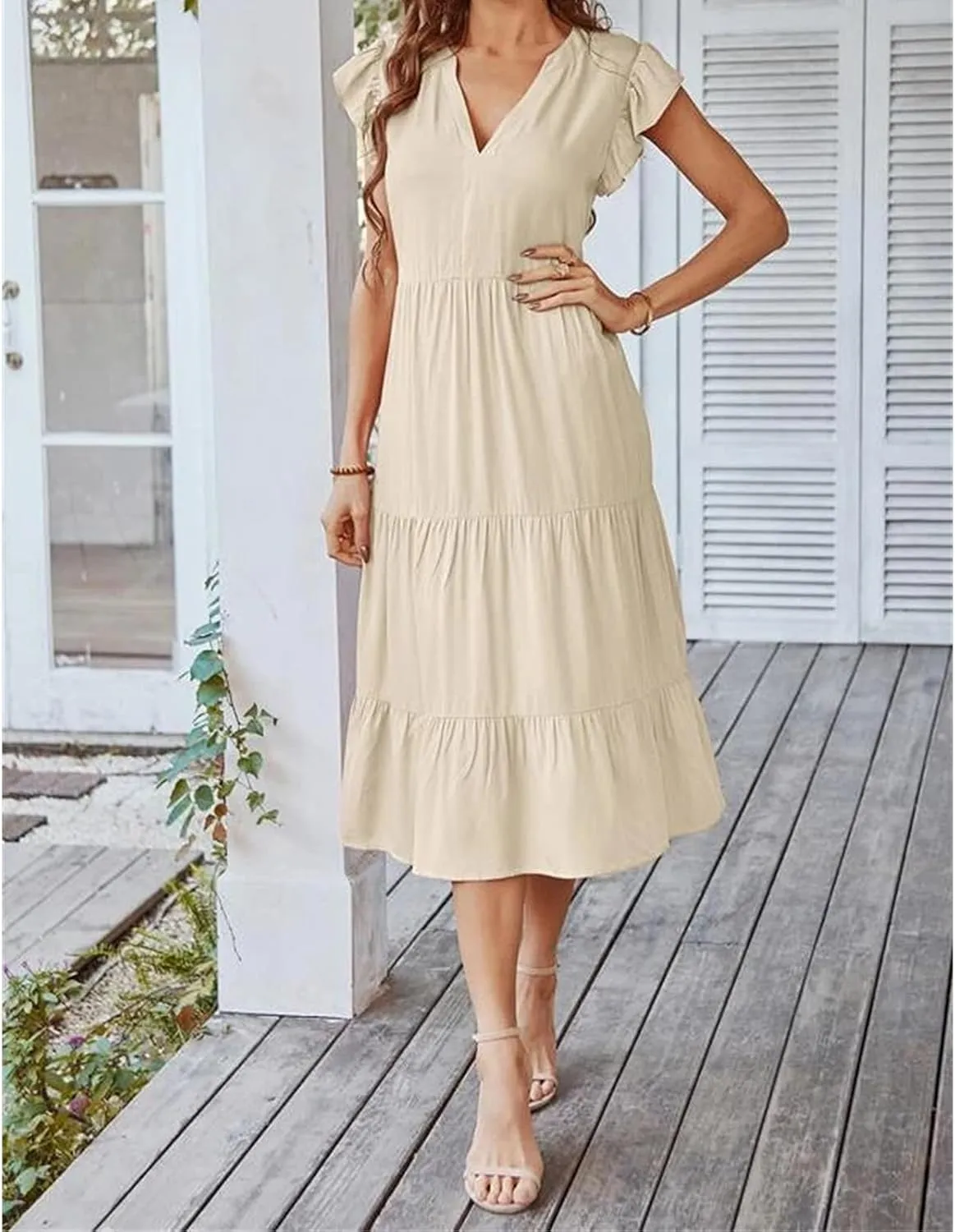 Women's Flowy Midi Dress Summer Loose Casual Long Skirt Solid Color V-Neck Lotus Sleeve Date Night Outfit Comfy Dress