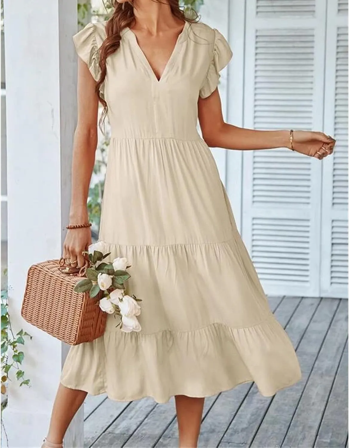 Women's Flowy Midi Dress Summer Loose Casual Long Skirt Solid Color V-Neck Lotus Sleeve Date Night Outfit Comfy Dress