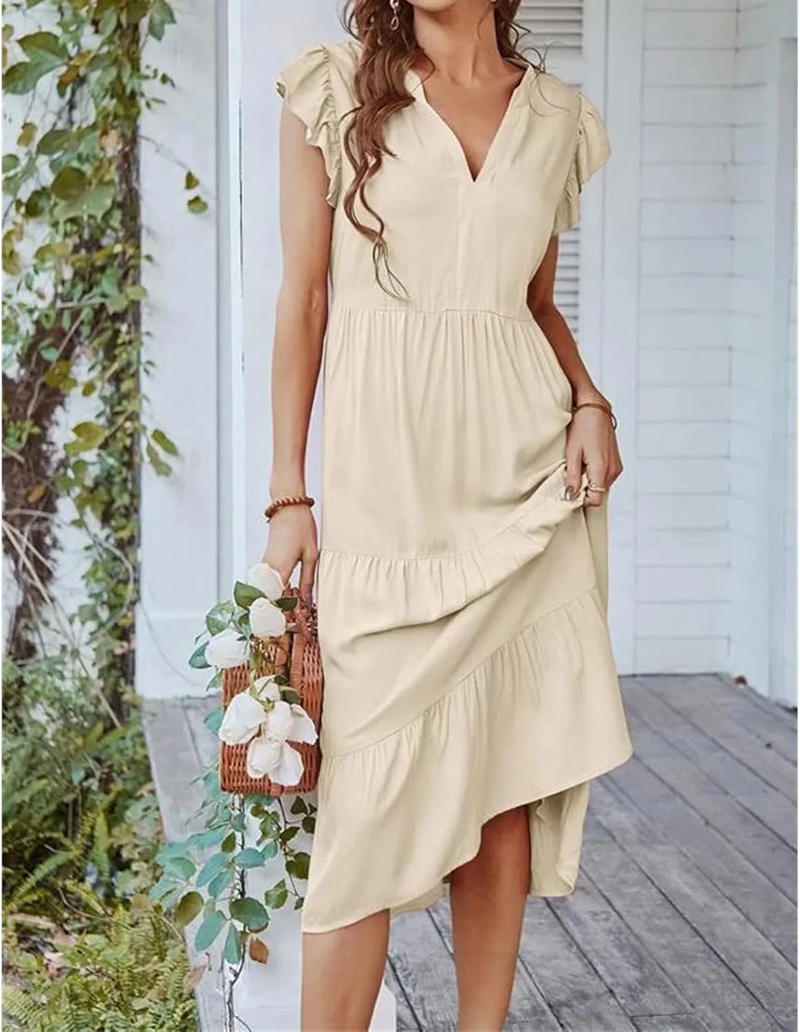 Women's Flowy Midi Dress Summer Loose Casual Long Skirt Solid Color V-Neck Lotus Sleeve Date Night Outfit Comfy Dress