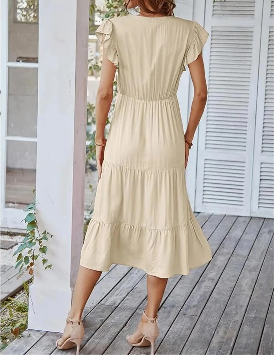 Women's Flowy Midi Dress Summer Loose Casual Long Skirt Solid Color V-Neck Lotus Sleeve Date Night Outfit Comfy Dress