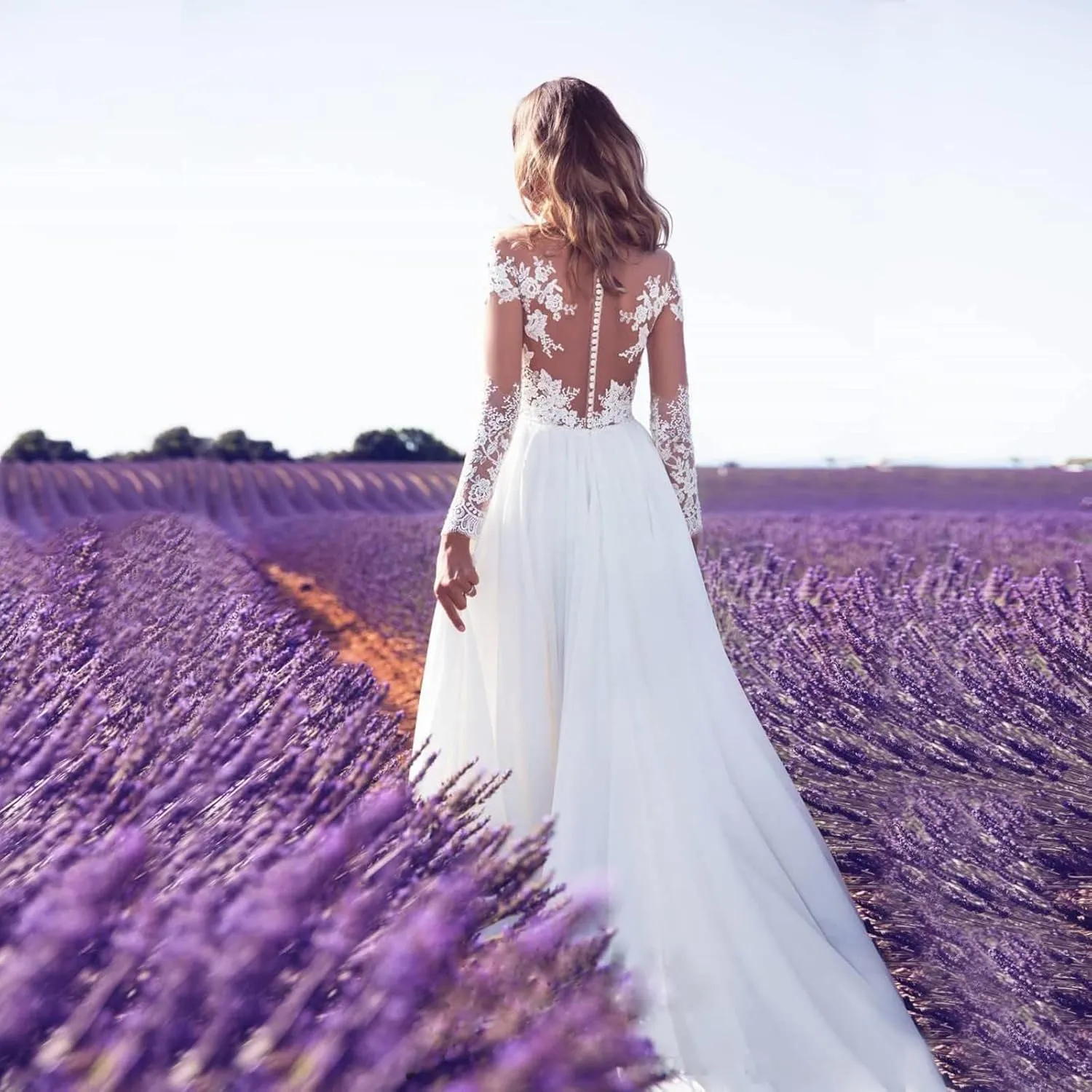 Women's Long Sleeved See Through Lace Wedding Dress Bridesmaid Dress Semi Formal Fit Evening Skirt Split Long Skirt
