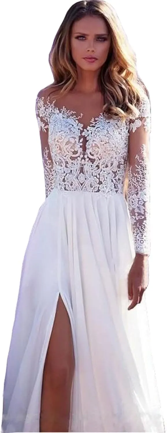 Women's Long Sleeved See Through Lace Wedding Dress Bridesmaid Dress Semi Formal Fit Evening Skirt Split Long Skirt