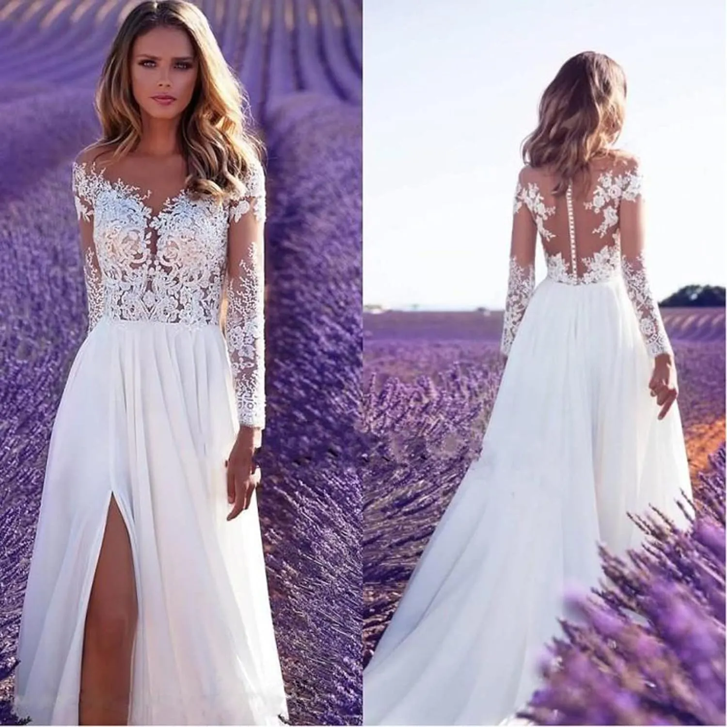 Women's Long Sleeved See Through Lace Wedding Dress Bridesmaid Dress Semi Formal Fit Evening Skirt Split Long Skirt