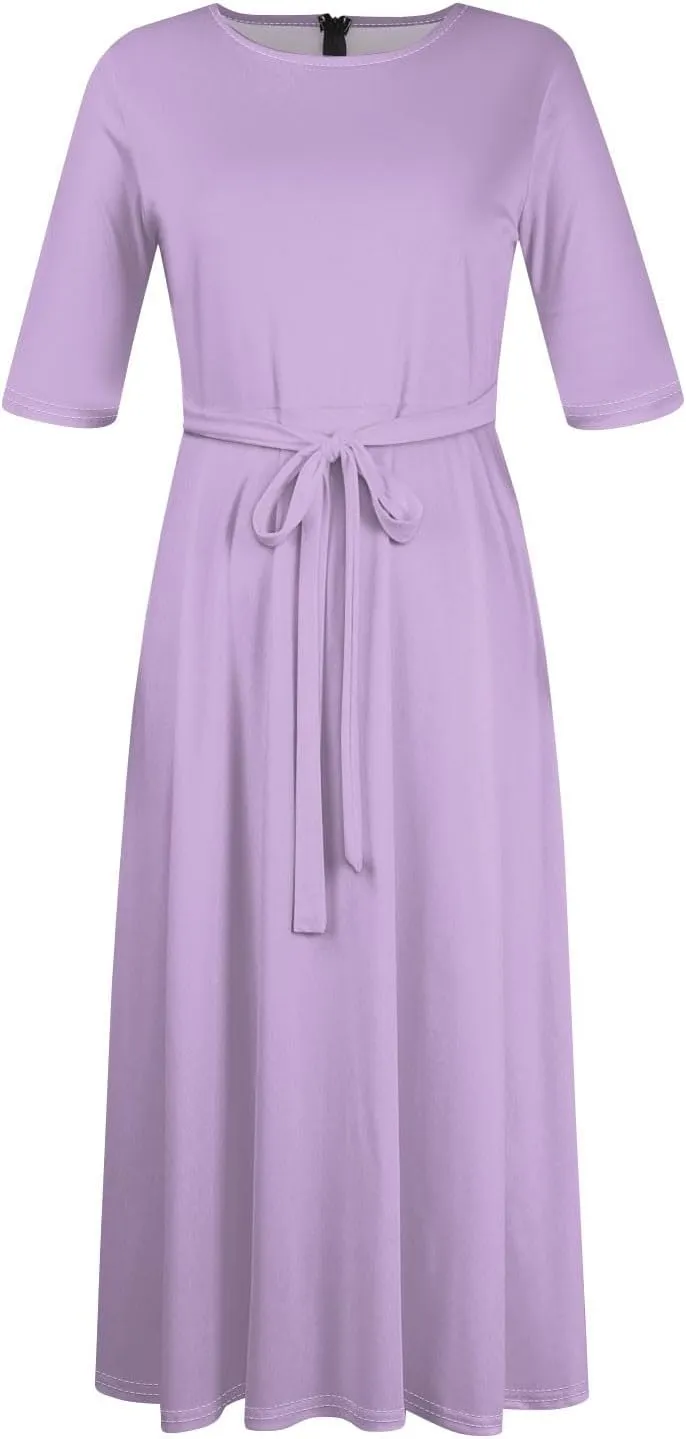 Women's Long Summer Dresses 2025 Plus Size Solid Color Crew Neck 3/4 Sleeve Smocked Straps Maxi Dresses, XL-5XL
