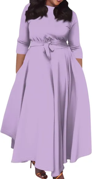 Women's Long Summer Dresses 2025 Plus Size Solid Color Crew Neck 3/4 Sleeve Smocked Straps Maxi Dresses, XL-5XL