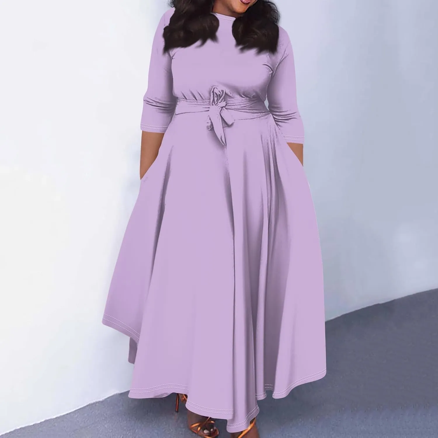 Women's Long Summer Dresses 2025 Plus Size Solid Color Crew Neck 3/4 Sleeve Smocked Straps Maxi Dresses, XL-5XL