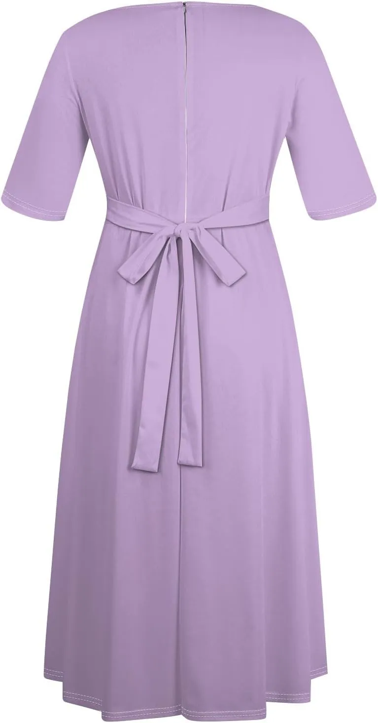 Women's Long Summer Dresses 2025 Plus Size Solid Color Crew Neck 3/4 Sleeve Smocked Straps Maxi Dresses, XL-5XL