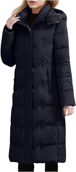 Women's Long Warm Winter Puffer Jackets Plus Size Padded Trench Coats Full Length Thicken Quilted Overcoats With Hood