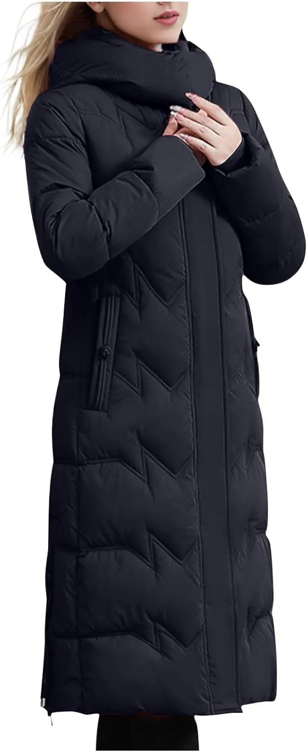 Women's Long Warm Winter Puffer Jackets Plus Size Padded Trench Coats Full Length Thicken Quilted Overcoats With Hood