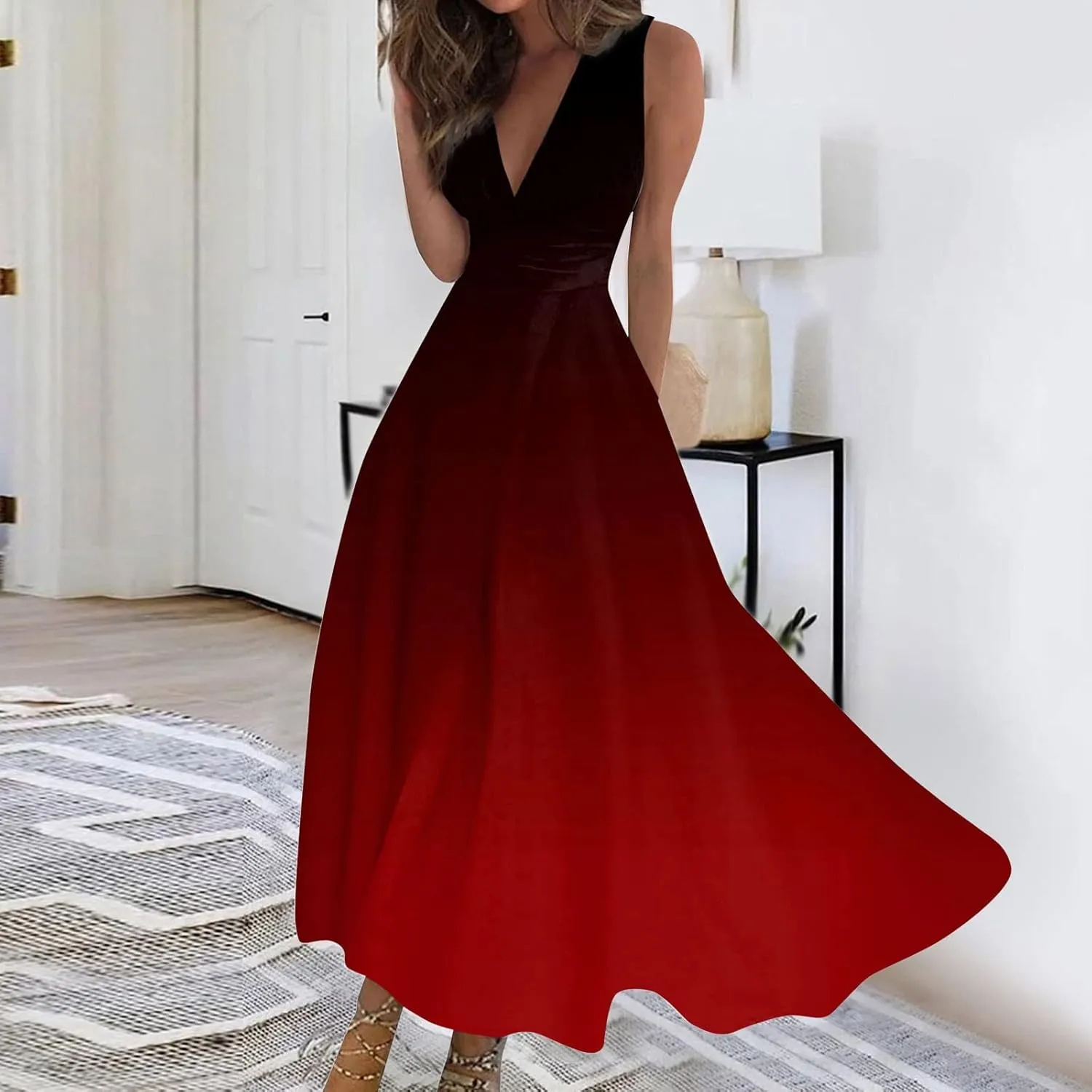 Womens Maxi Dress Wrap V Neck Sleeveless Marble Printed Flowy Swing Sundress Trendy Floral Boho Beach Party Dresses