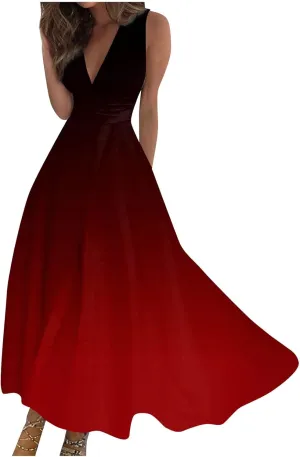 Womens Maxi Dress Wrap V Neck Sleeveless Marble Printed Flowy Swing Sundress Trendy Floral Boho Beach Party Dresses
