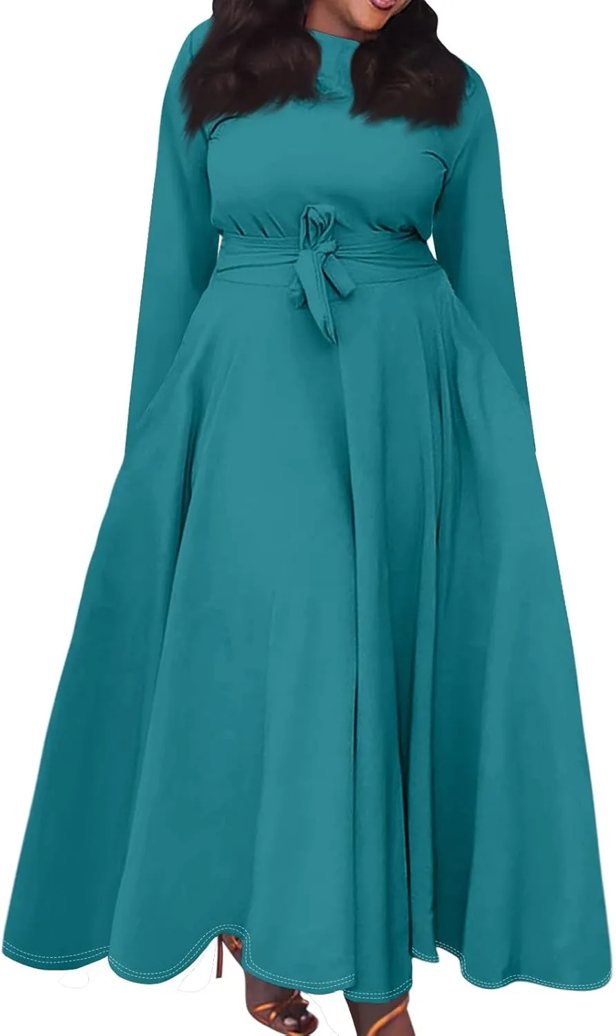 Women's Maxi Dresses 2025 Plus Size Round Neck Long Sleeve with Pockets Straps Big Hem Swing Dress, XL-5XL