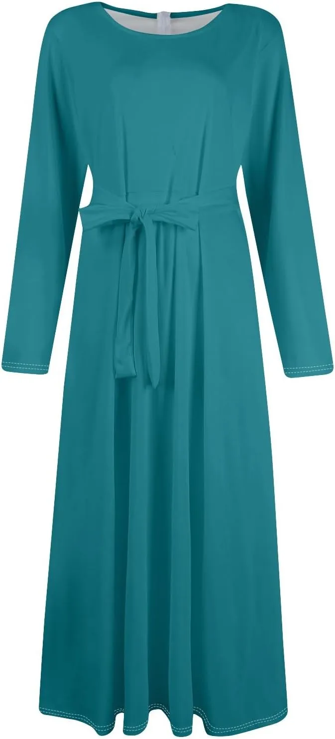 Women's Maxi Dresses 2025 Plus Size Round Neck Long Sleeve with Pockets Straps Big Hem Swing Dress, XL-5XL