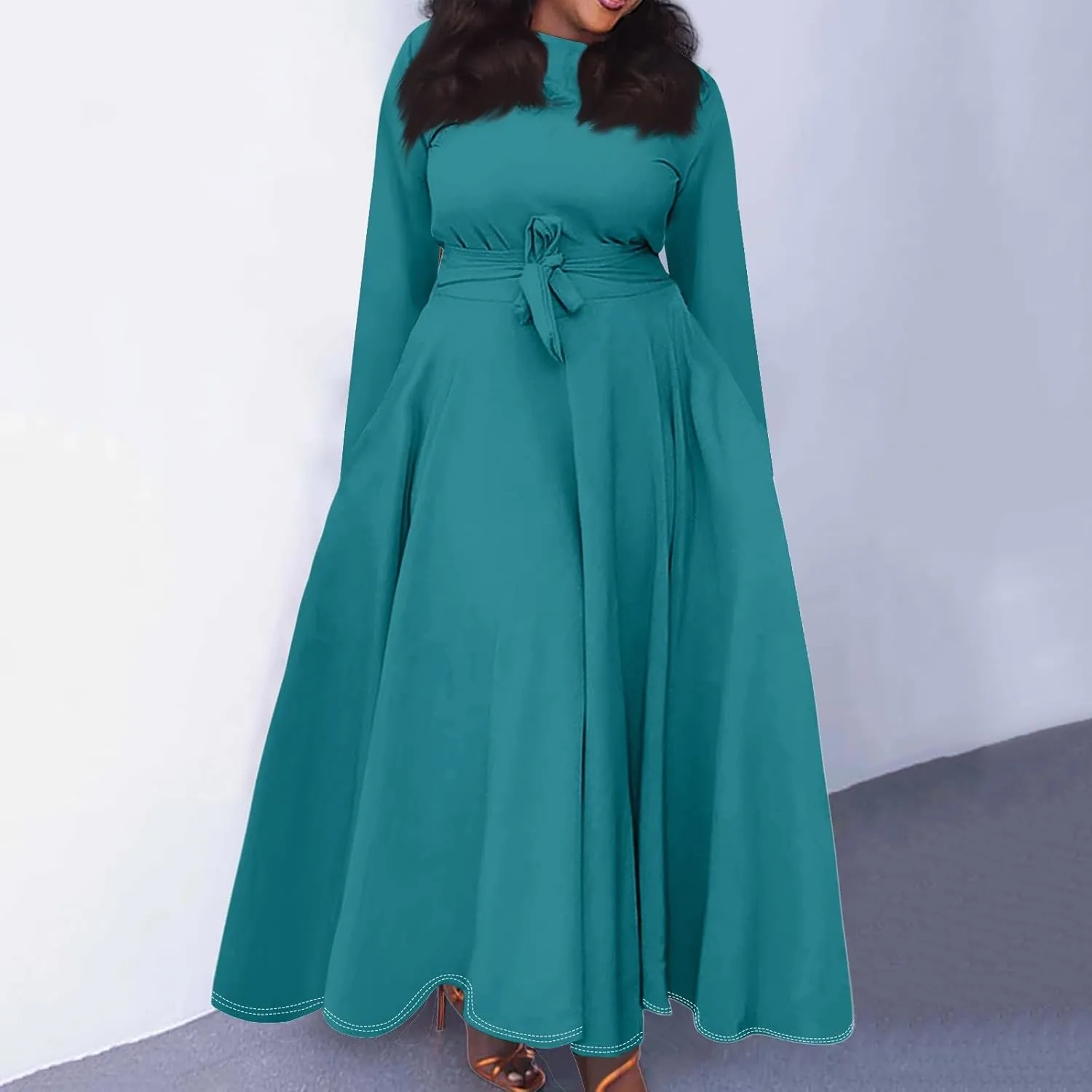Women's Maxi Dresses 2025 Plus Size Round Neck Long Sleeve with Pockets Straps Big Hem Swing Dress, XL-5XL