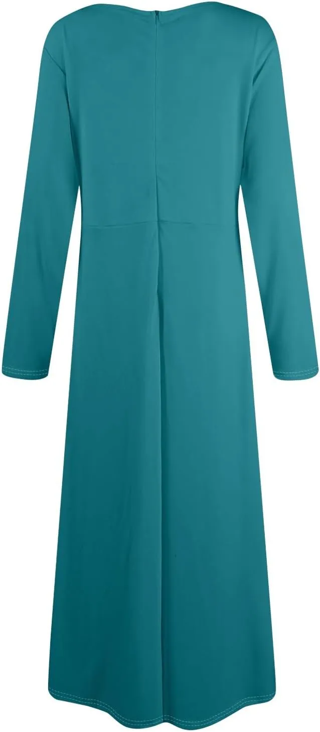 Women's Maxi Dresses 2025 Plus Size Round Neck Long Sleeve with Pockets Straps Big Hem Swing Dress, XL-5XL
