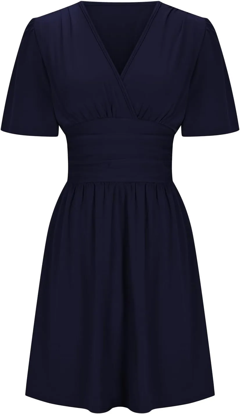 Womens Mini Dress Casual Elegant Ruffle Short Sleeve Party Dresses Sexy V Neck Ruched Waist Beach Flowy Sundress