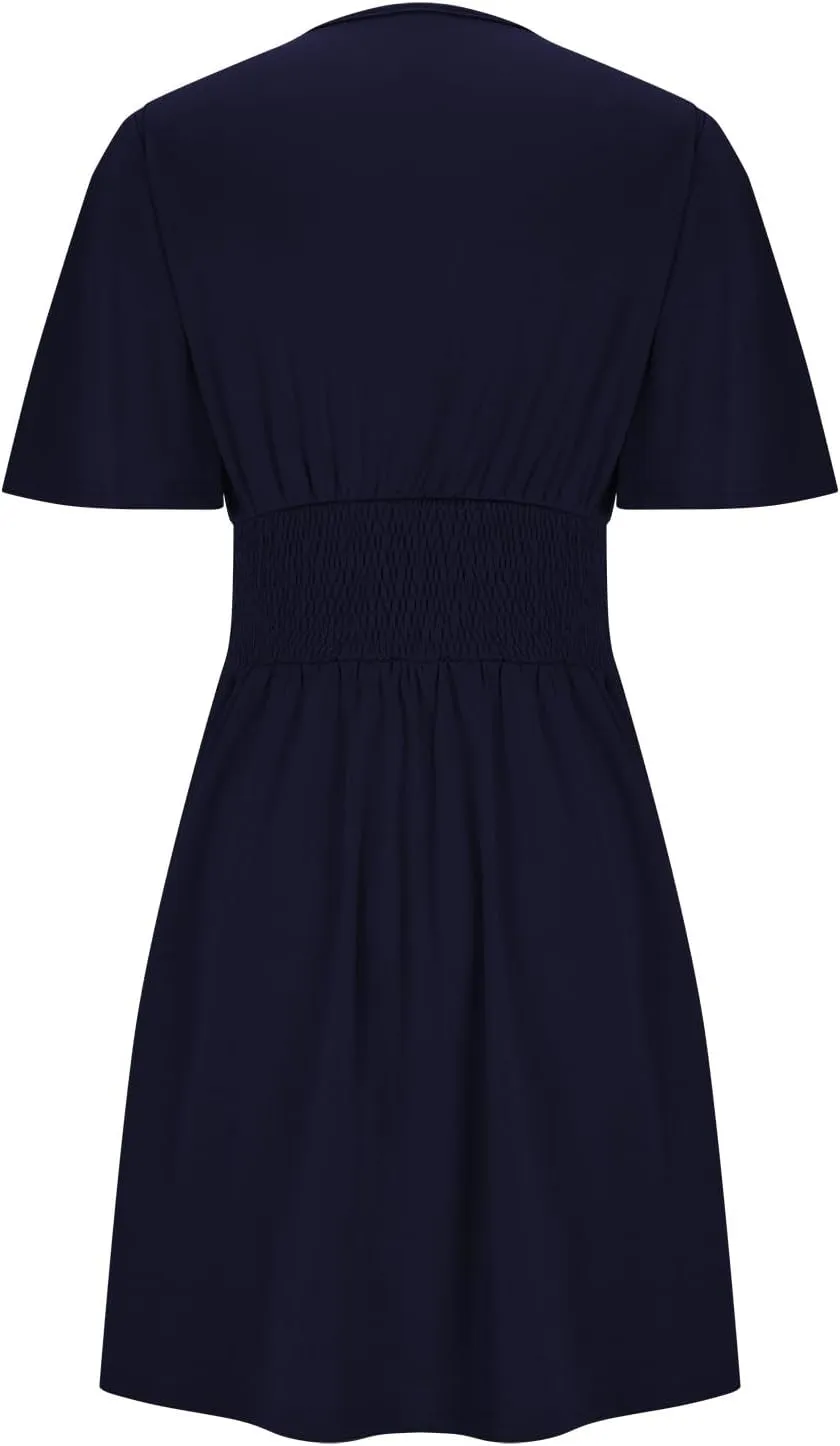 Womens Mini Dress Casual Elegant Ruffle Short Sleeve Party Dresses Sexy V Neck Ruched Waist Beach Flowy Sundress