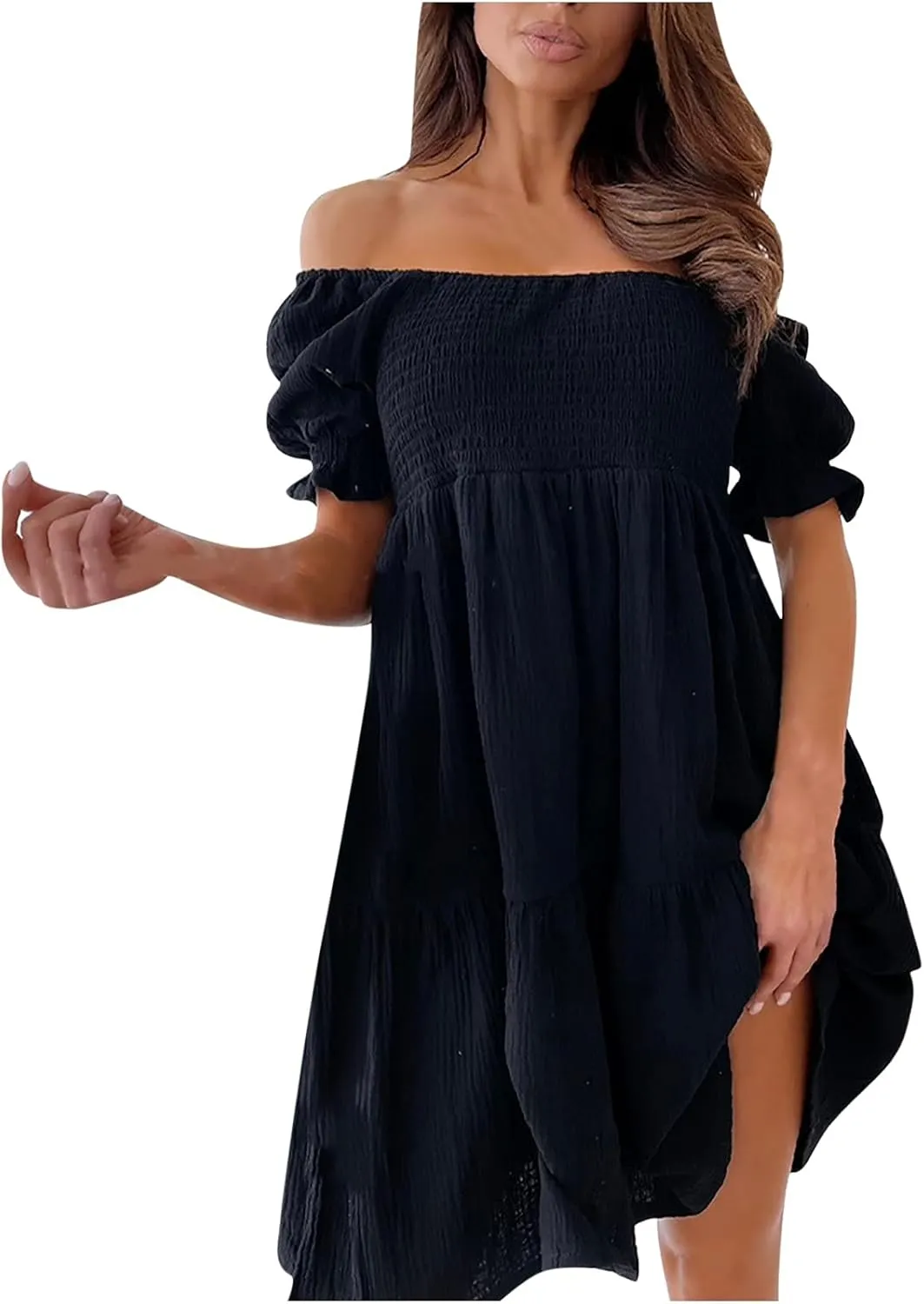 Womens Off Shoulder Midi Dress Summer Ribbed Tube Dresses Short Sleeve High Waist Dress Trendy Sexy Solid Clothing
