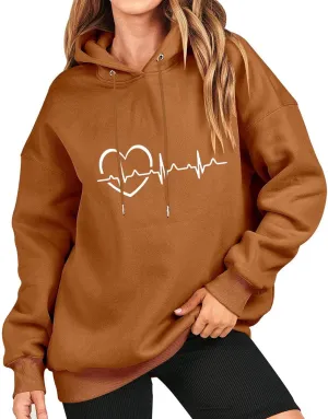 Women's Oversized Hoodies Fall Casual Long Sleeve Drawstring Blouse Tee Trendy Heart Print Solid Outdoor Comfy Pullover Tops