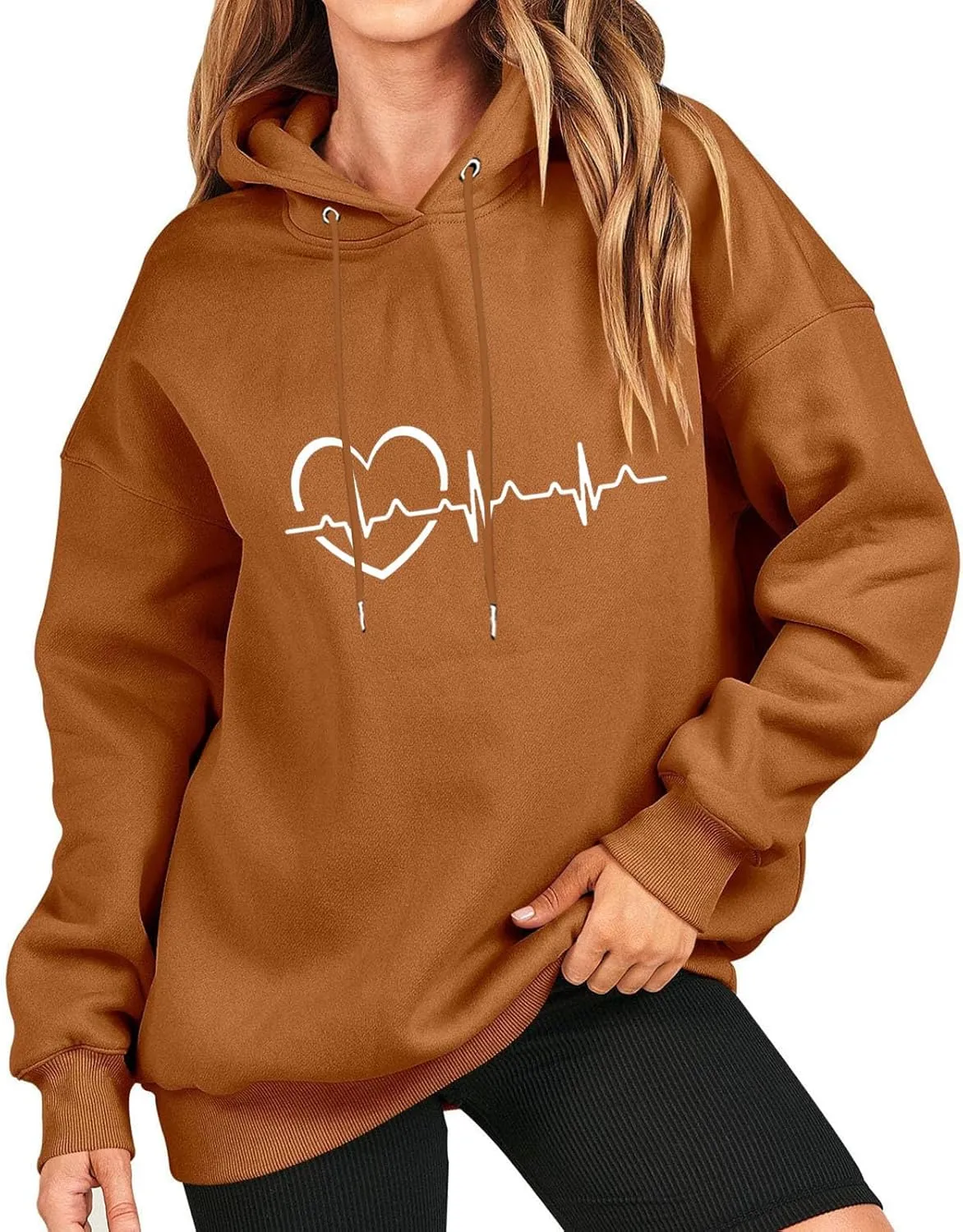 Women's Oversized Hoodies Fall Casual Long Sleeve Drawstring Blouse Tee Trendy Heart Print Solid Outdoor Comfy Pullover Tops