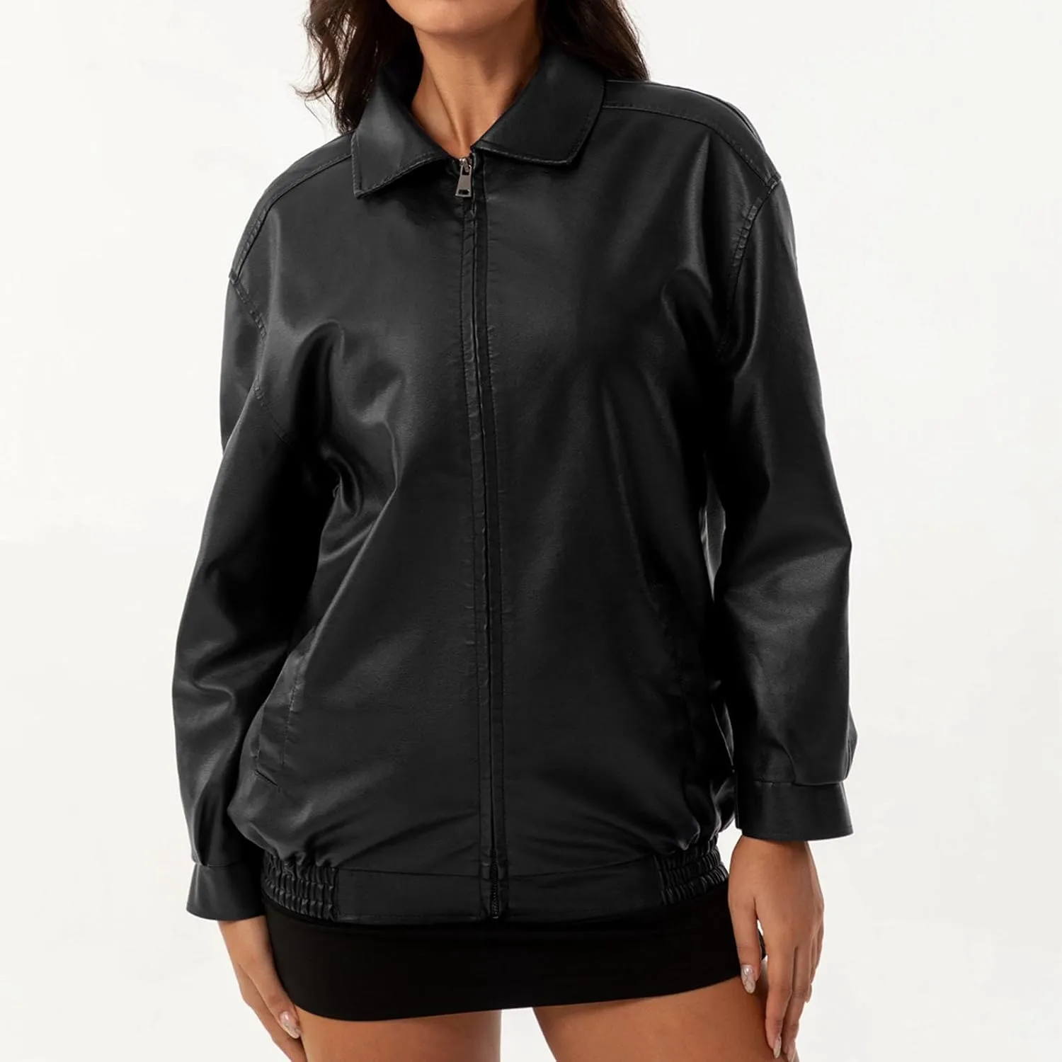 Womens Oversized Leather Jackets Faux Casual Zip Up Casual Bomber Fall Fashion Motorcycle Jacket with Pockets