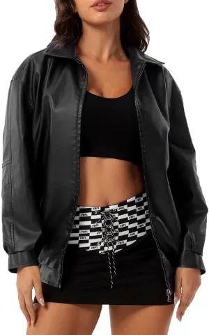 Womens Oversized Leather Jackets Faux Casual Zip Up Casual Bomber Fall Fashion Motorcycle Jacket with Pockets