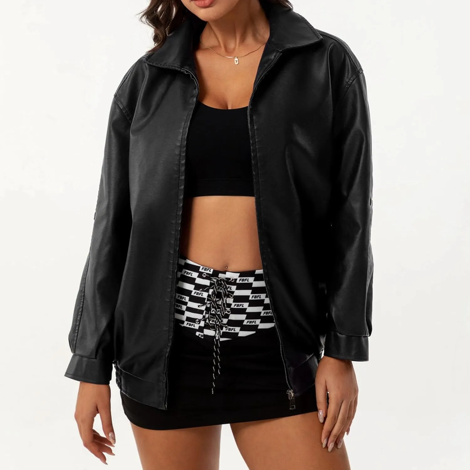 Womens Oversized Leather Jackets Faux Casual Zip Up Casual Bomber Fall Fashion Motorcycle Jacket with Pockets