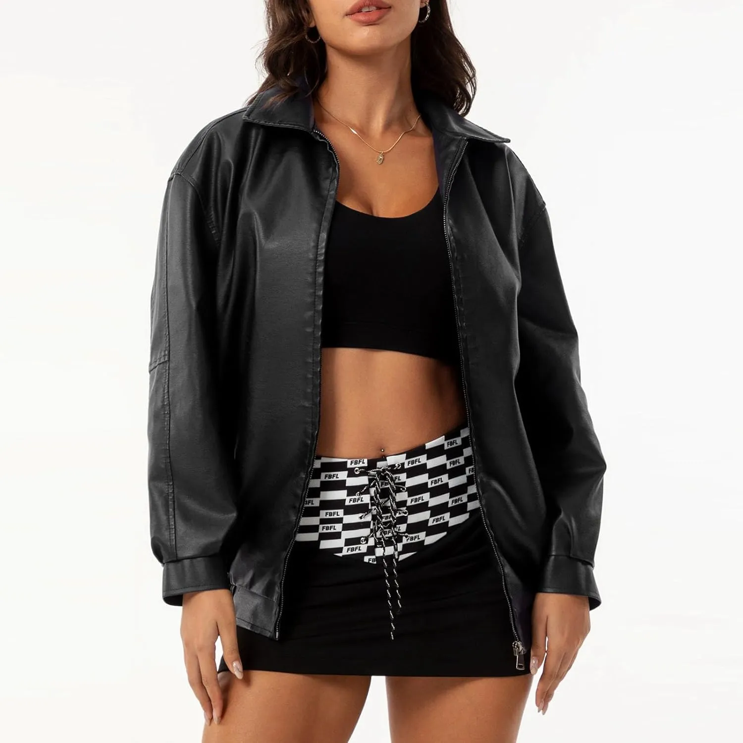 Womens Oversized Leather Jackets Faux Casual Zip Up Casual Bomber Fall Fashion Motorcycle Jacket with Pockets