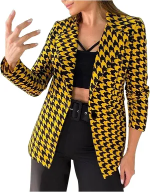 Women's Plaid Notched Lapel One Button Houndstooth Blazer Jacket Business Casual Jackets Long Sleeve Slim Fit Blazers