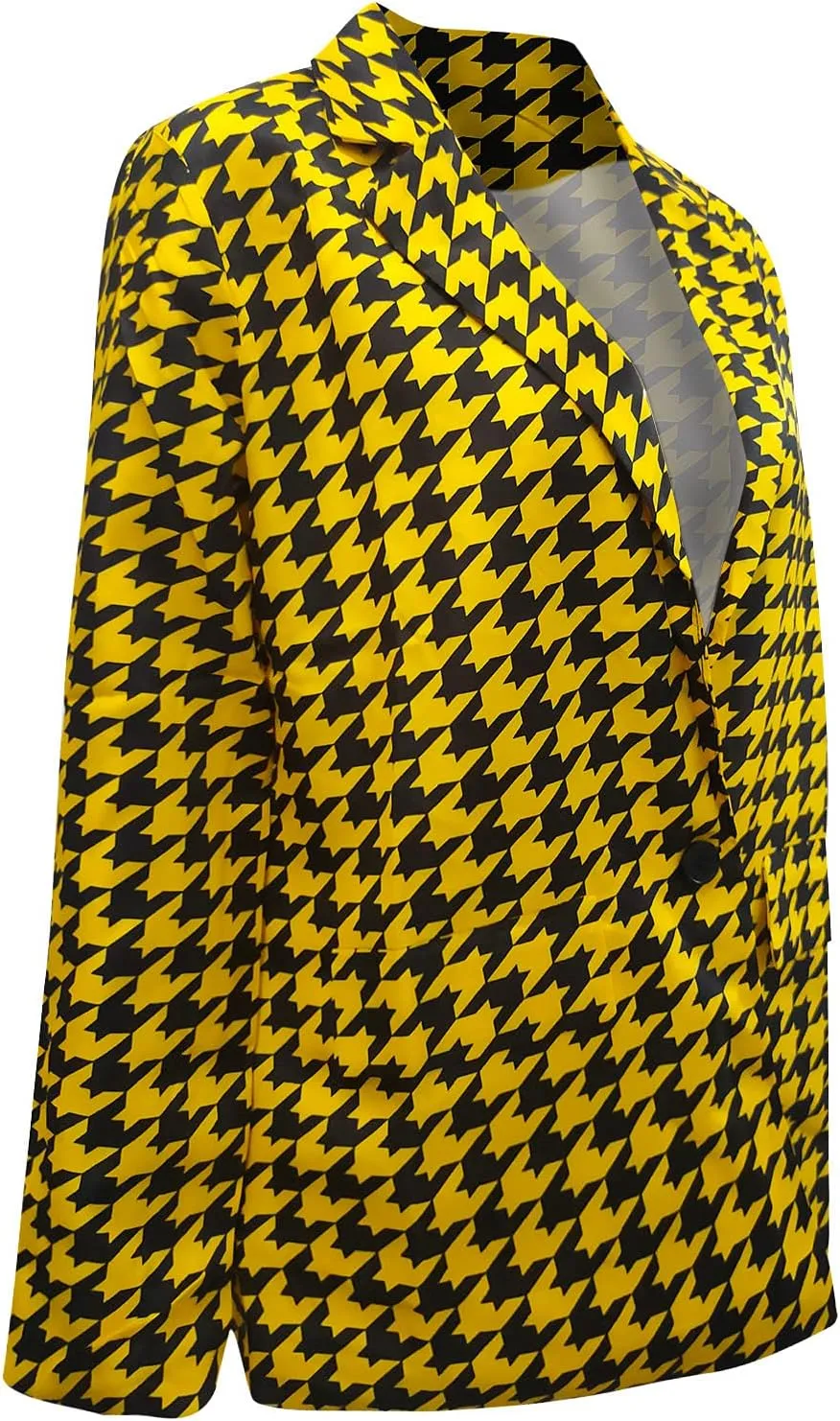 Women's Plaid Notched Lapel One Button Houndstooth Blazer Jacket Business Casual Jackets Long Sleeve Slim Fit Blazers