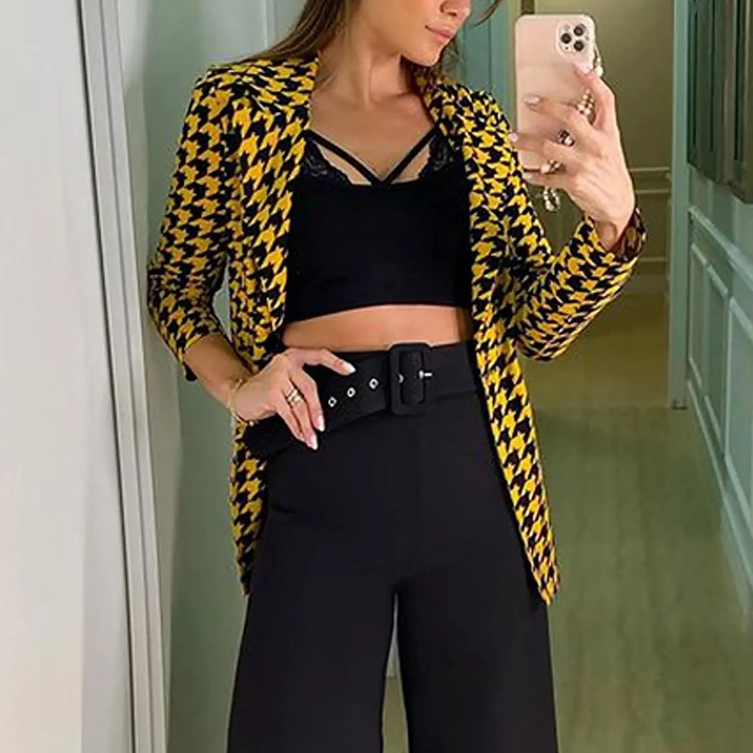 Women's Plaid Notched Lapel One Button Houndstooth Blazer Jacket Business Casual Jackets Long Sleeve Slim Fit Blazers