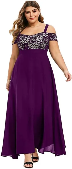 Women's Plus Size Cold Shoulder Maxi Dress Elegant Floral Lace Flowy Casual Daily Party Cocktail Dress Long Dresses