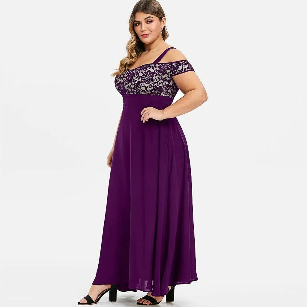 Women's Plus Size Cold Shoulder Maxi Dress Elegant Floral Lace Flowy Casual Daily Party Cocktail Dress Long Dresses