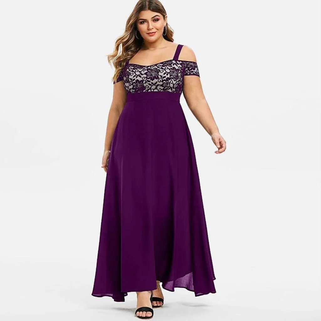 Women's Plus Size Cold Shoulder Maxi Dress Elegant Floral Lace Flowy Casual Daily Party Cocktail Dress Long Dresses