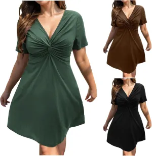 Women's Plus Size Flowy Knotted Tshirt Midi Dress V Neck Short Sleeve Bodycon Casual Loose Beach Party Dresses