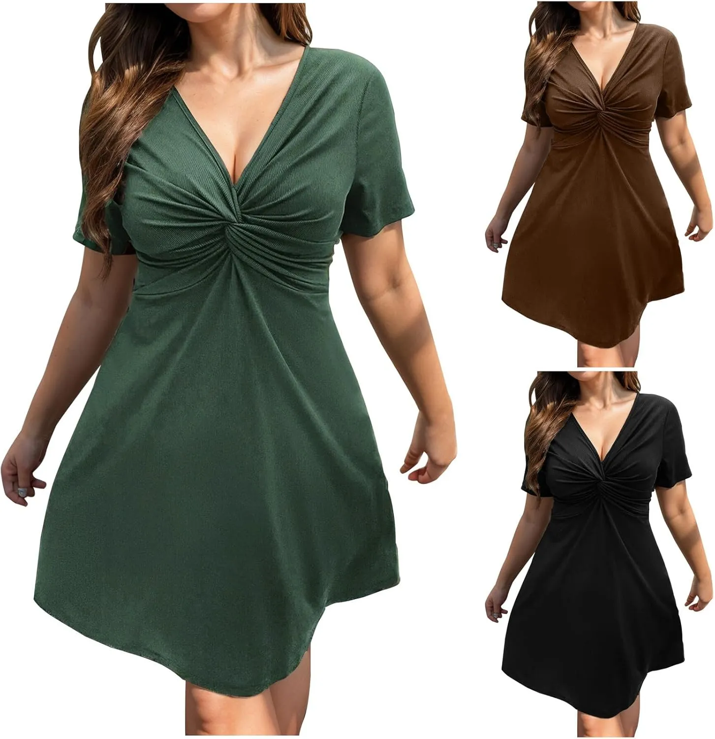 Women's Plus Size Flowy Knotted Tshirt Midi Dress V Neck Short Sleeve Bodycon Casual Loose Beach Party Dresses