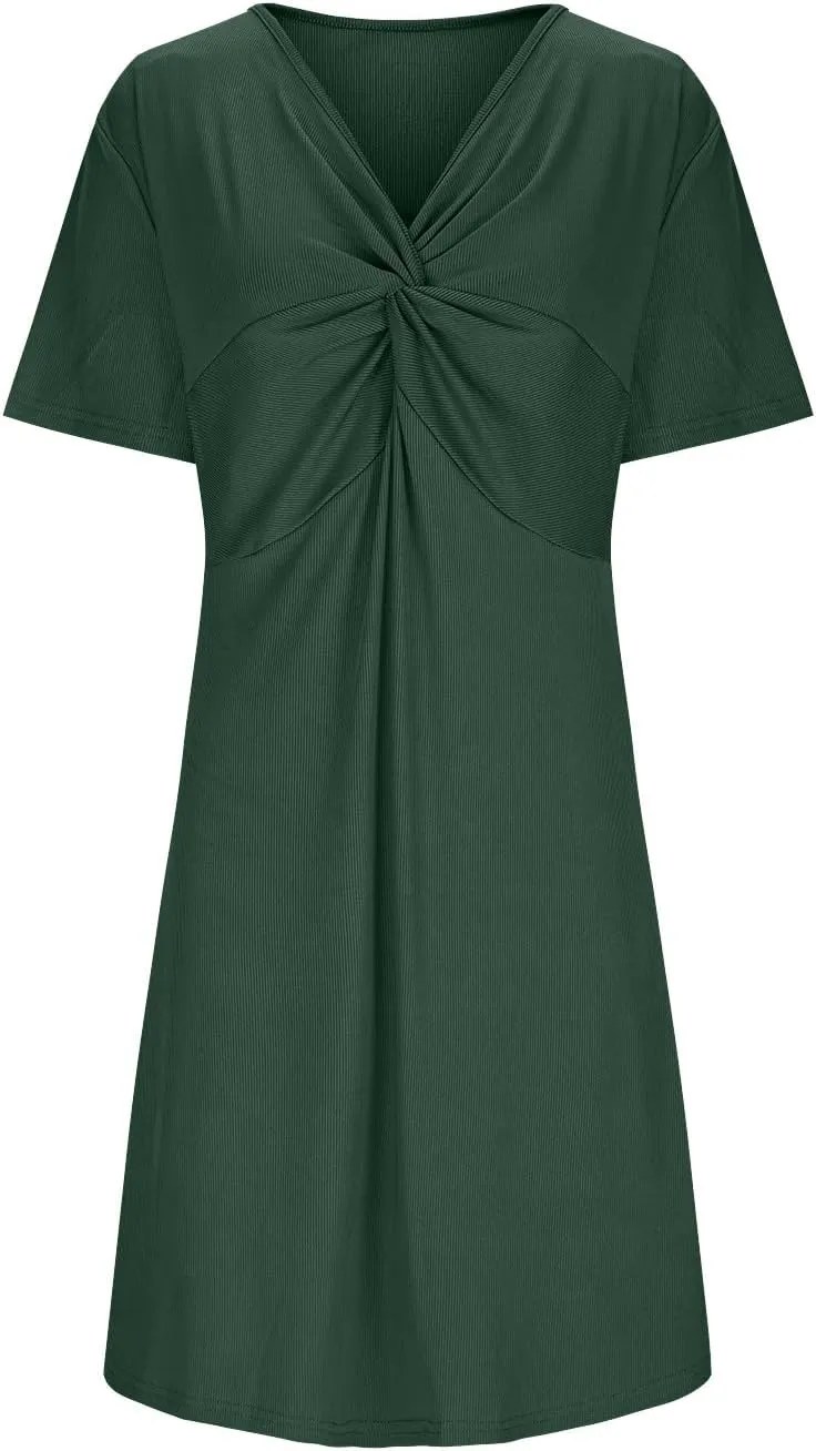 Women's Plus Size Flowy Knotted Tshirt Midi Dress V Neck Short Sleeve Bodycon Casual Loose Beach Party Dresses
