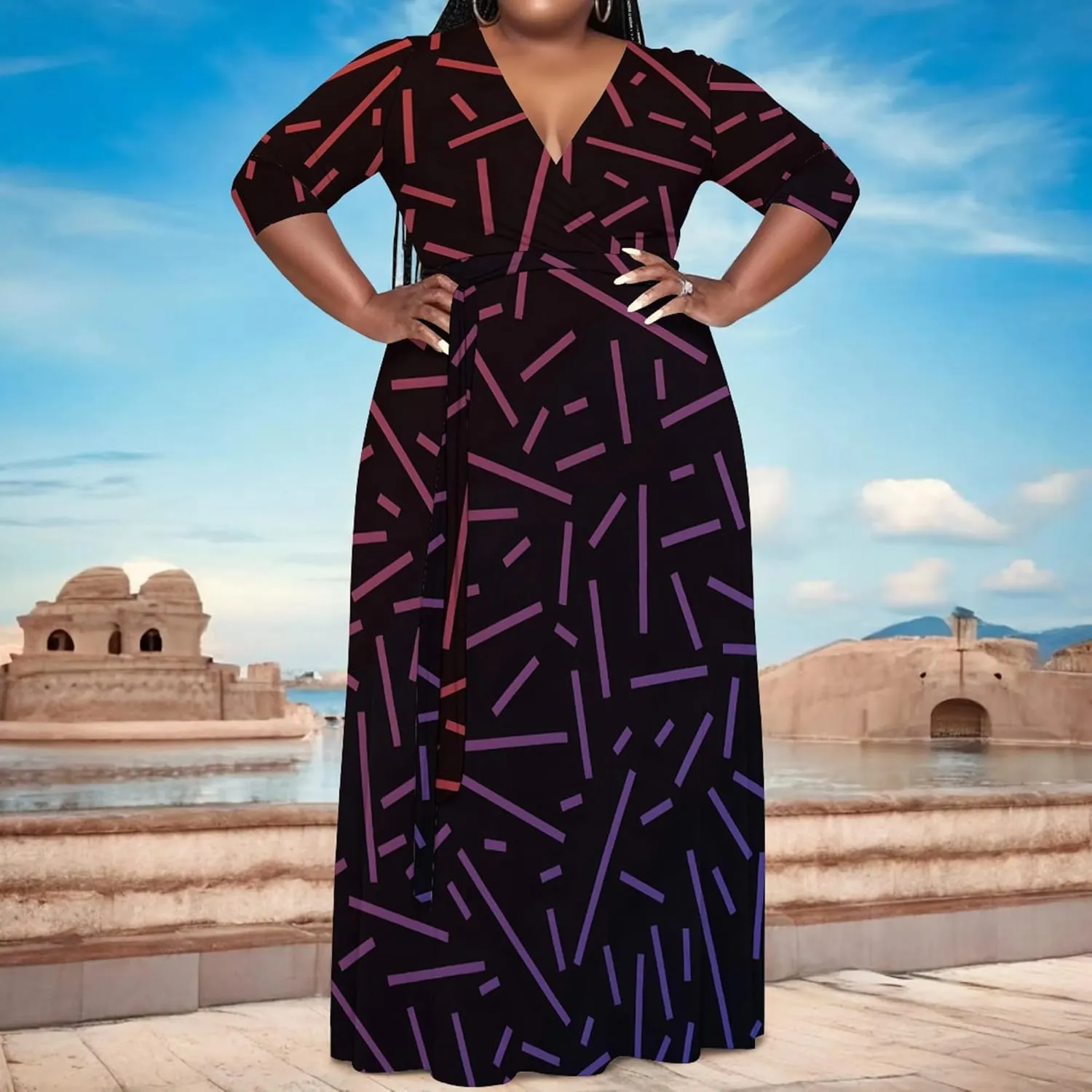 Women's Plus Size Maxi Dress African Art Pattern Print Flowing Dress Summer Sexy V Neck 3/4 Sleeve Dress with Belt