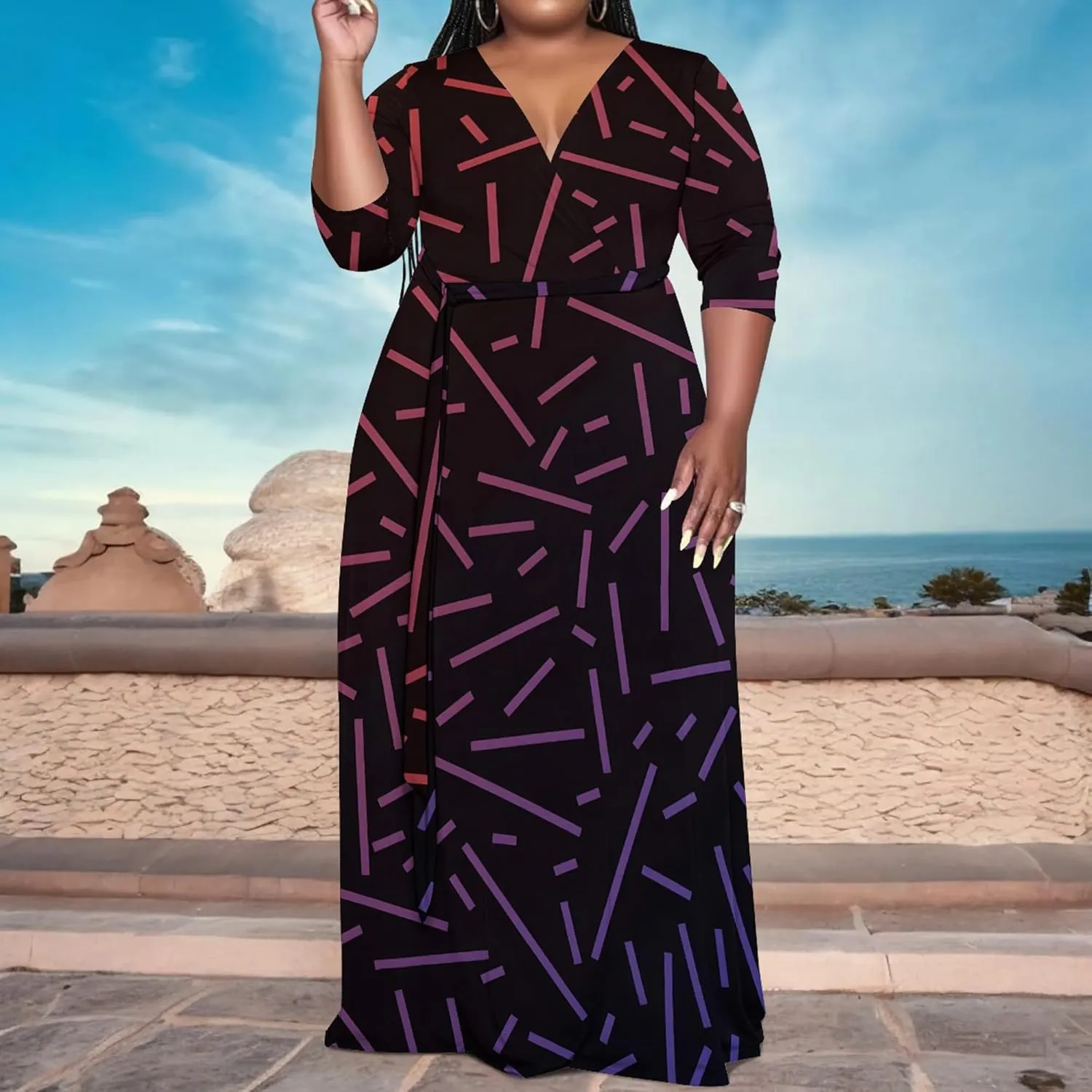 Women's Plus Size Maxi Dress African Art Pattern Print Flowing Dress Summer Sexy V Neck 3/4 Sleeve Dress with Belt