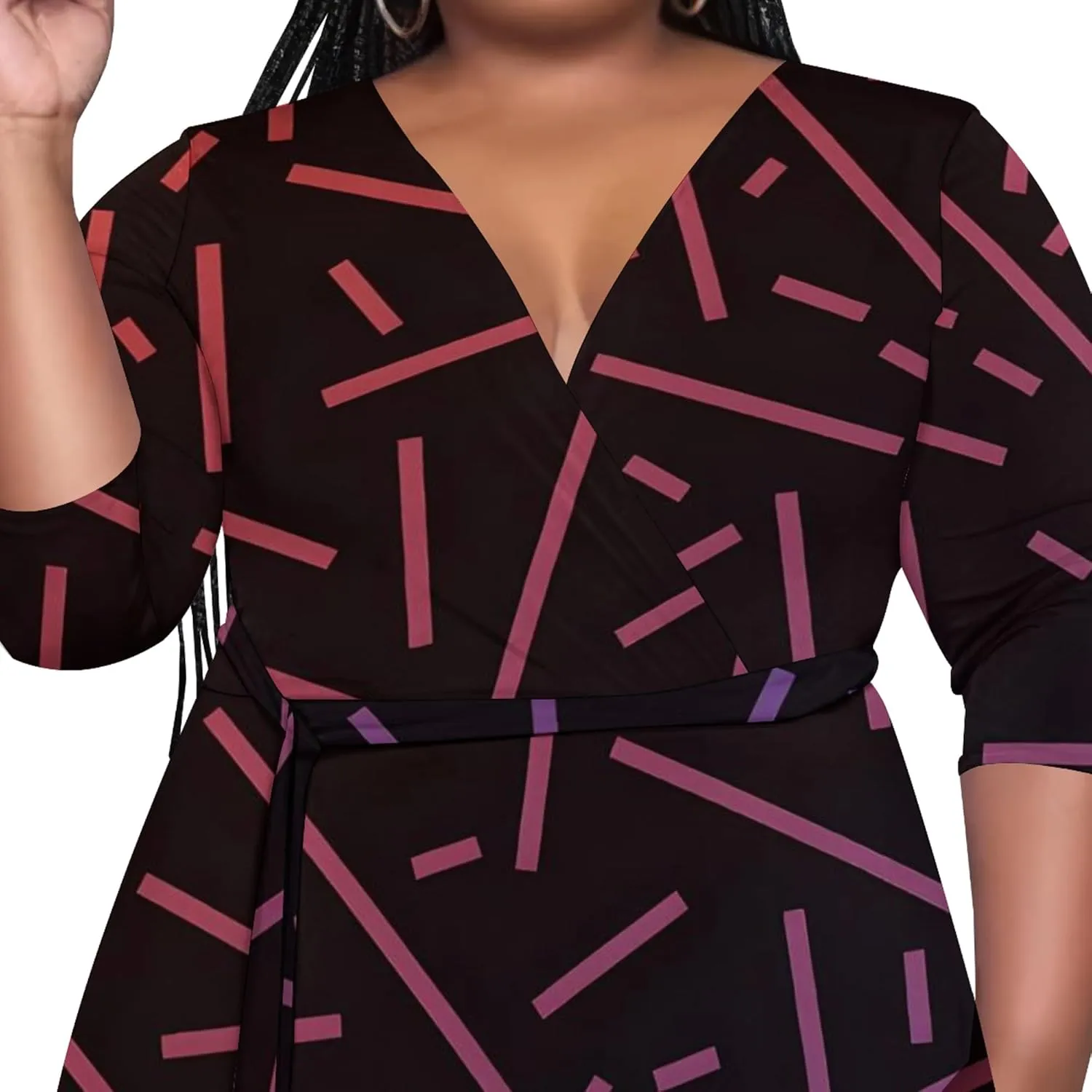 Women's Plus Size Maxi Dress African Art Pattern Print Flowing Dress Summer Sexy V Neck 3/4 Sleeve Dress with Belt