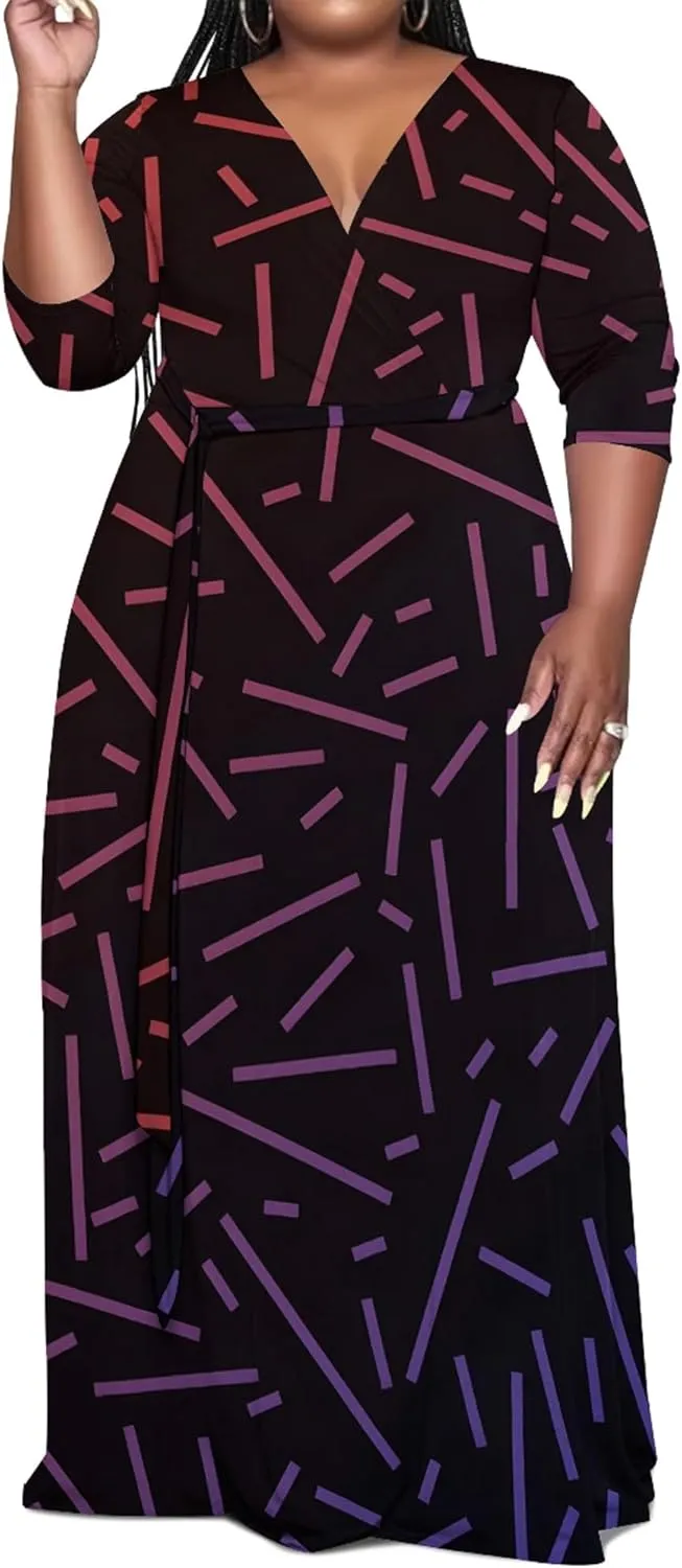 Women's Plus Size Maxi Dress African Art Pattern Print Flowing Dress Summer Sexy V Neck 3/4 Sleeve Dress with Belt