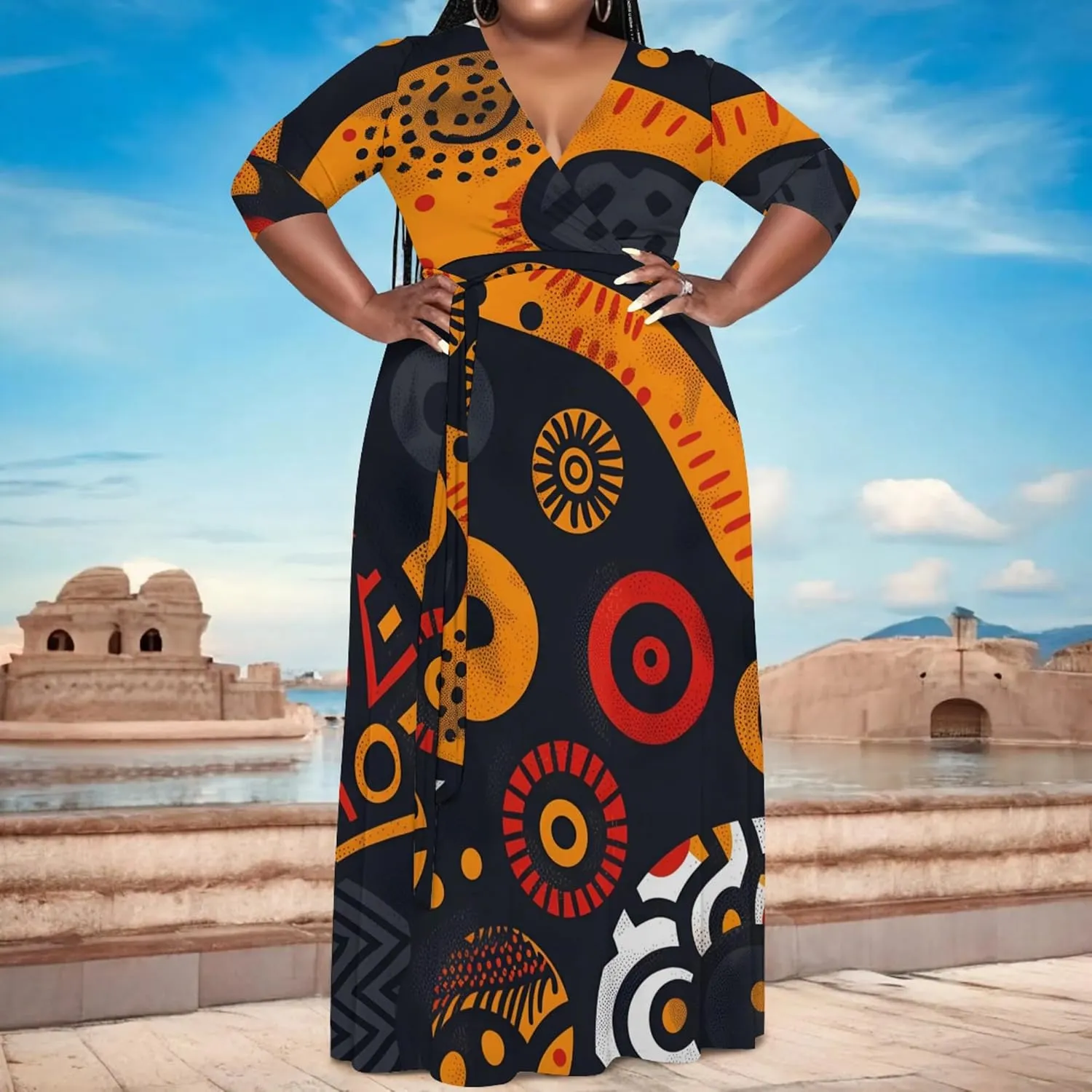 Women's Plus Size Maxi Dress African Art Pattern Print Flowing Dress Summer Sexy V Neck 3/4 Sleeve Dress with Belt