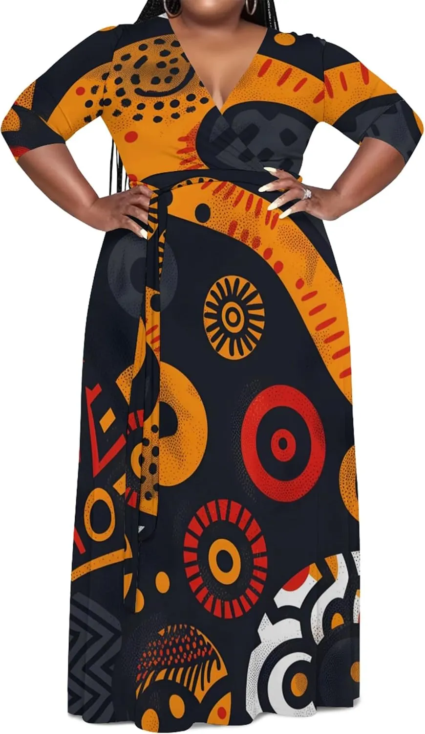 Women's Plus Size Maxi Dress African Art Pattern Print Flowing Dress Summer Sexy V Neck 3/4 Sleeve Dress with Belt